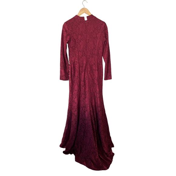 Mihir Burgundy Lace And Pearl Long Sleeve Modest Gown Size 42 - Picture 2 of 3